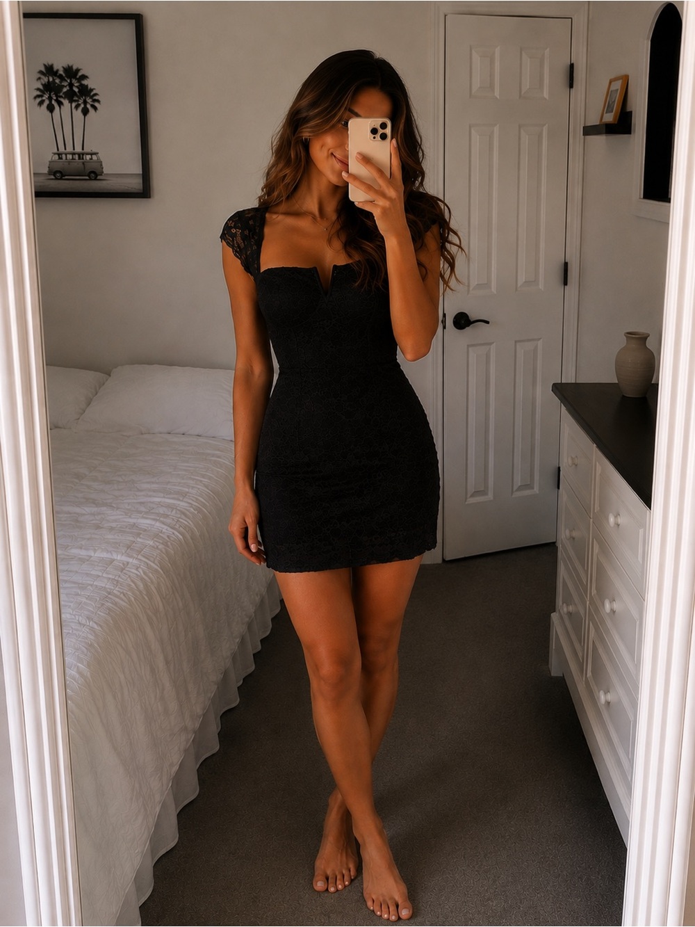Fashion Nova Black Lace Mini Dress with Cap Sleeves medium